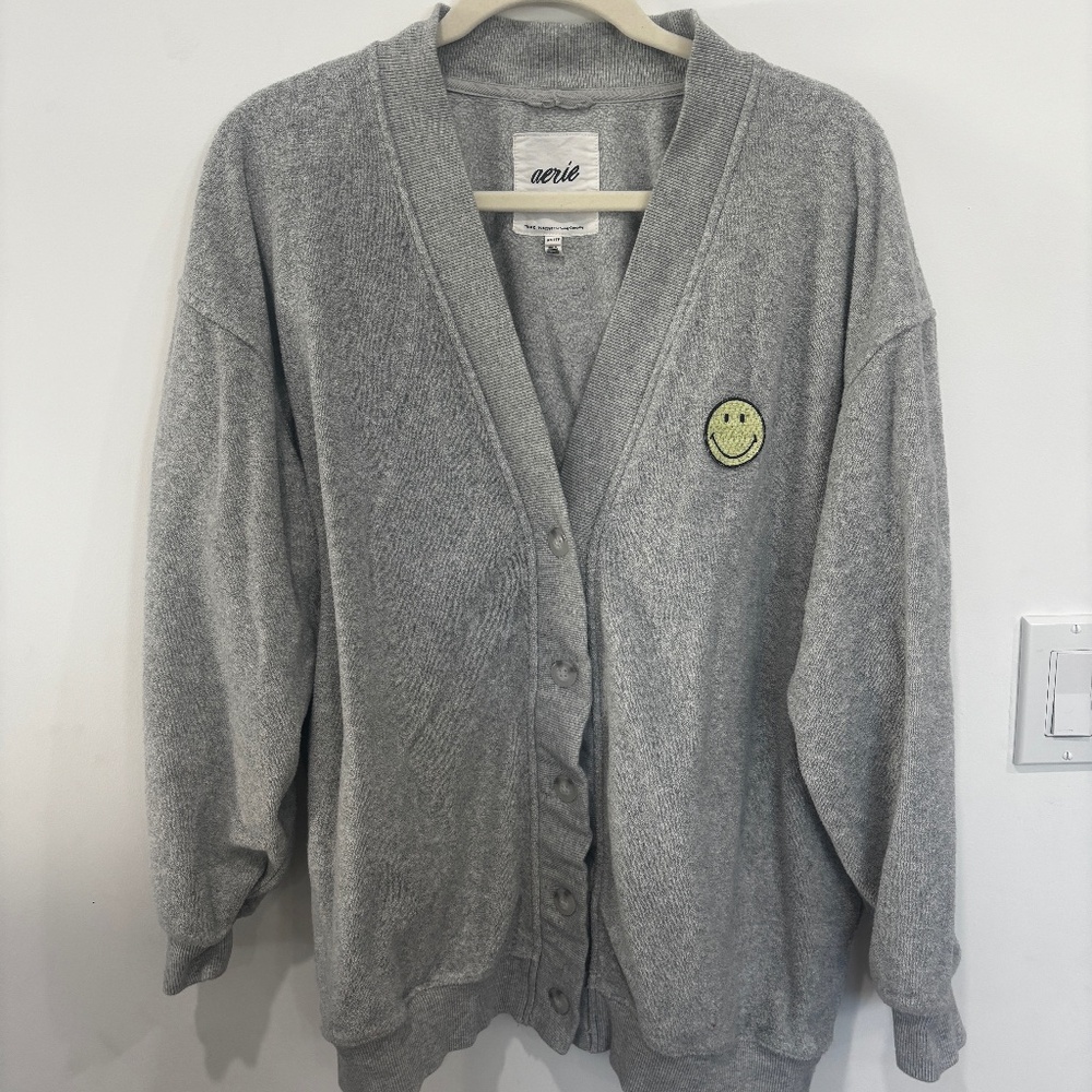 Aerie Smiley Cozy Fleece Cardigan • XS (Oversized Fit S/M) • Heather Gray
